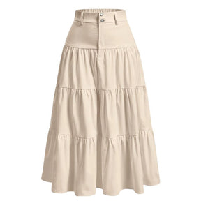 Saia evasê feminina midi bege cintura alta
