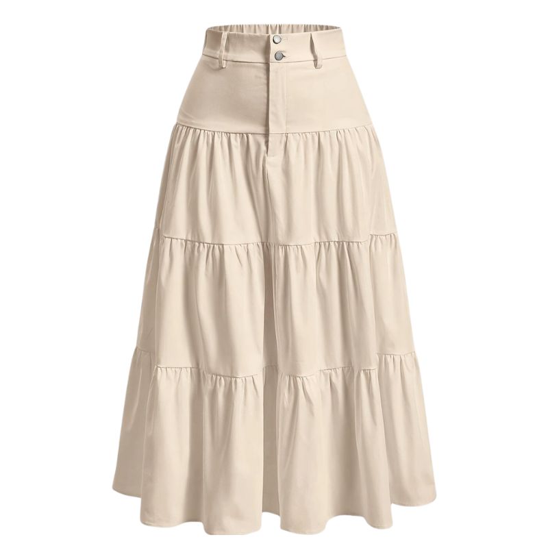 Saia evasê feminina midi bege cintura alta