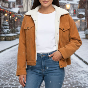 Jaqueta Feminina de Veludo Cotelê Caramelo com Forro de Pelo – Estilo Casual Inverno