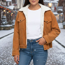 Jaqueta Feminina de Veludo Cotelê Caramelo com Forro de Pelo – Estilo Casual Inverno