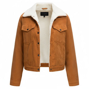 Jaqueta Feminina de Veludo Cotelê Caramelo com Forro de Pelo – Estilo Casual Inverno