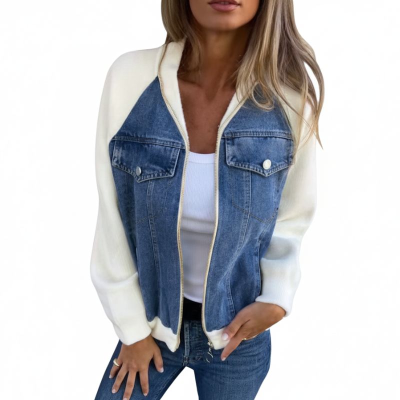 alt="Jaqueta feminina jeans com mangas brancas estilo casual moderna com zíper"