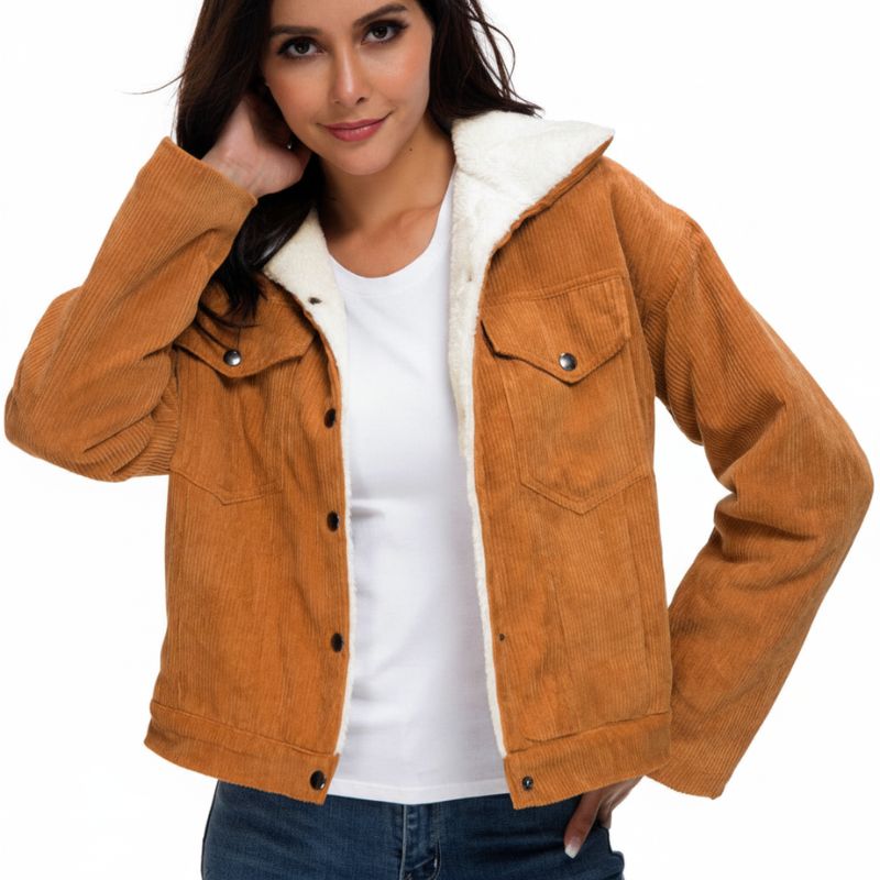 Jaqueta Feminina de Veludo Cotelê Caramelo com Forro de Pelo – Estilo Casual Inverno