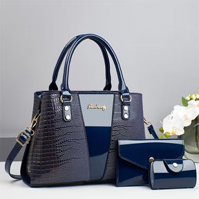 conjunto de bolsas femininas verniz croco azul tote e carteira