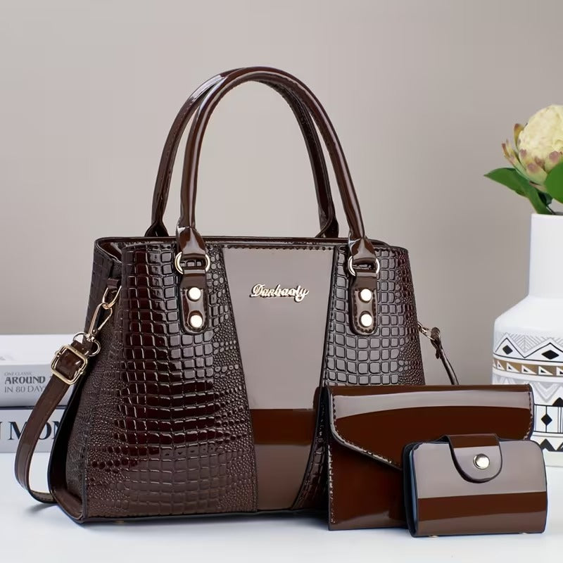 kit de bolsas femininas croco dourado estilo sofisticado coffe