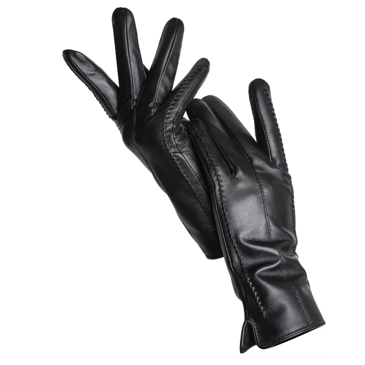luva feminina em couro preto elegante vista frontal com acabamento sofisticado