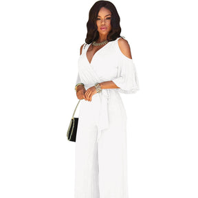 macacao feminino longo branco elegante Com decote em V transpassado e modelagem pantalona