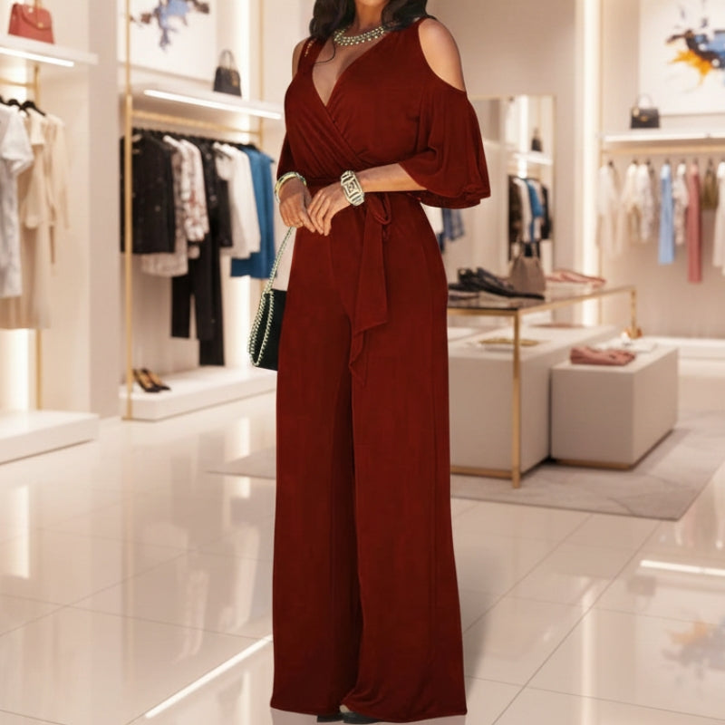 Macacão feminino longo carmesim com design elegante e visual refinado