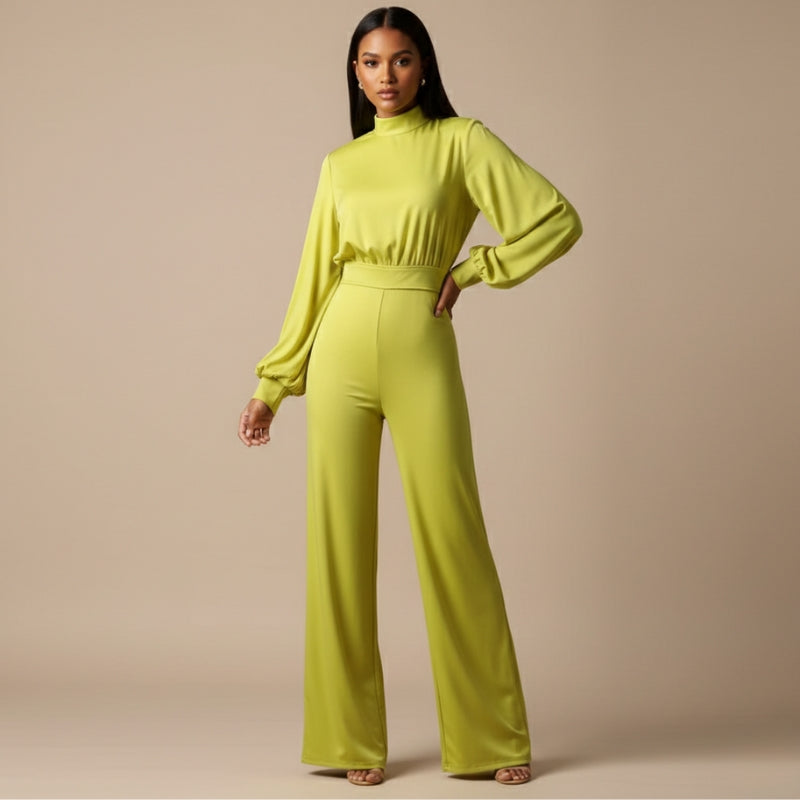 macacão feminino amarelo longo com mangas bufantes e modelagem sofisticada amarelo
