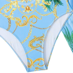 maiô feminino azul com estampa dourada e modelagem slim detalhes