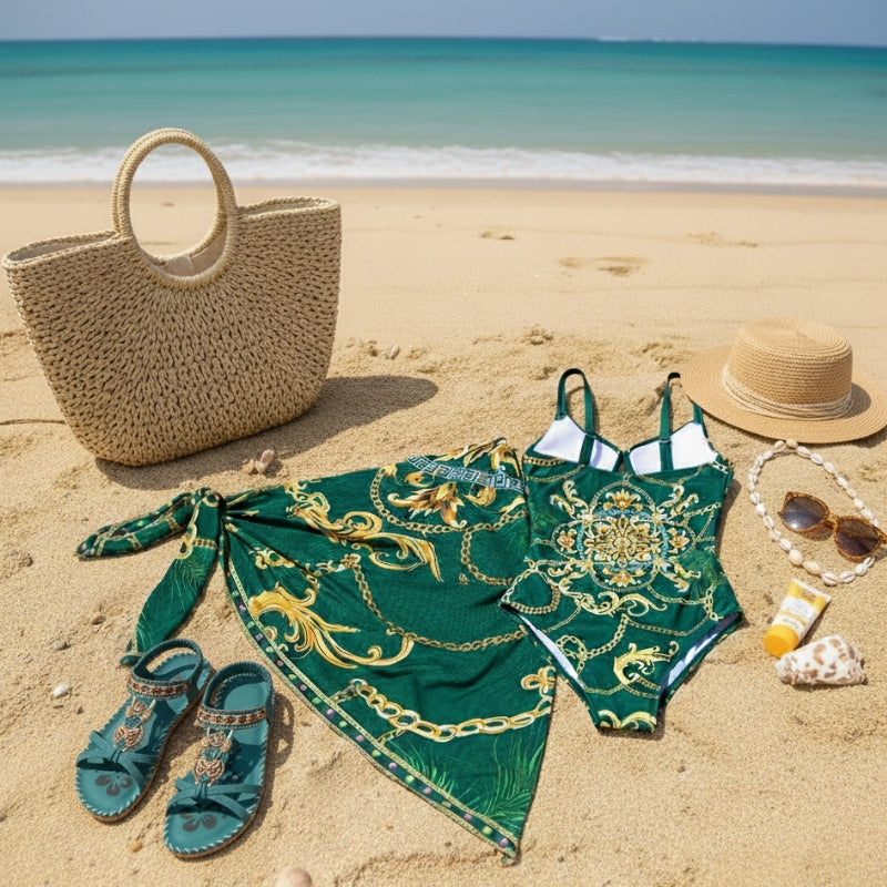 maiô verde esmeralda com estampa dourada e pareô coordenado praia