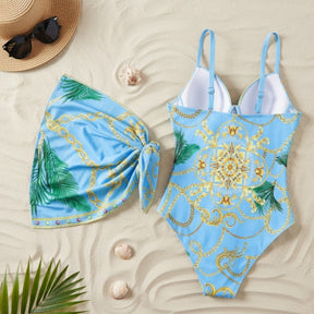 maiô plus size azul mediterrâneo com canga coordenada tras