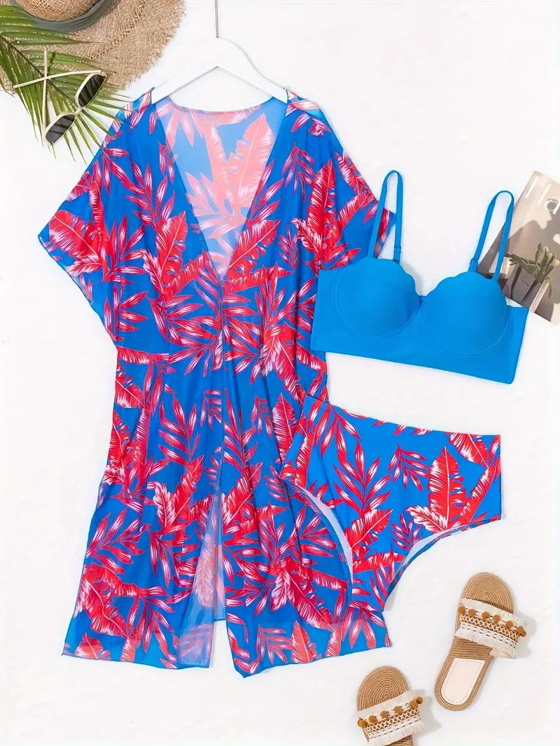 conjunto biquíni 3 peças azul e vermelho tropical detalhes