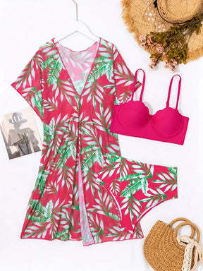 biquíni pink com hot-pants e saída estampada feminina detalhes frente