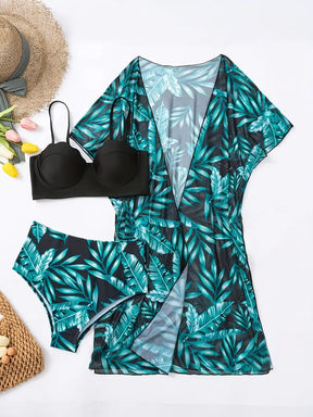 conjunto biquíni 3 peças preto e verde tropical detalhes frente