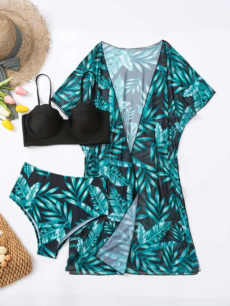 conjunto biquíni 3 peças preto e verde tropical detalhes frente