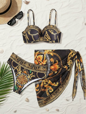 conjunto biquíni 3 peças boho style preto dourado tropical
