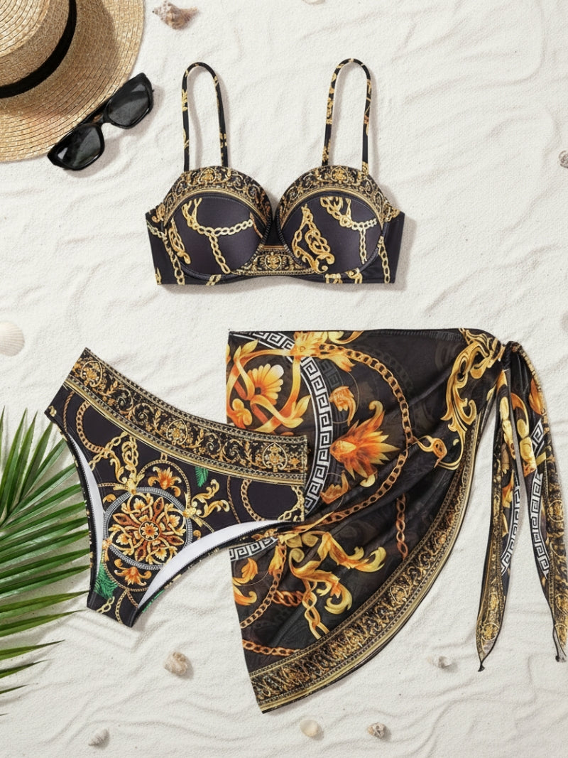 conjunto biquíni 3 peças boho style preto dourado tropical