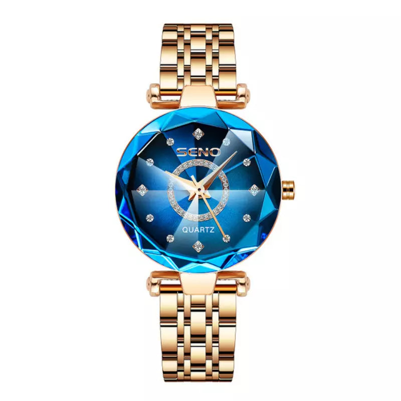 Relógio Feminino Ocean Majestic com pulseira de aço inox, cor azul dourado e resistência à água
