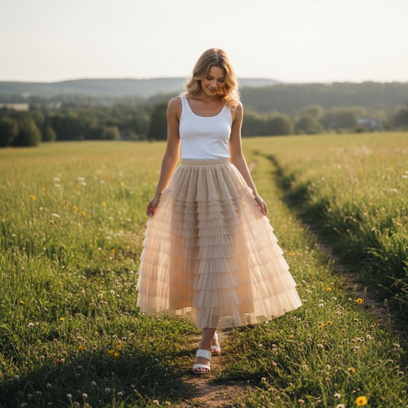 Saia plissada feminina em tule bege com babados Aurora Charm