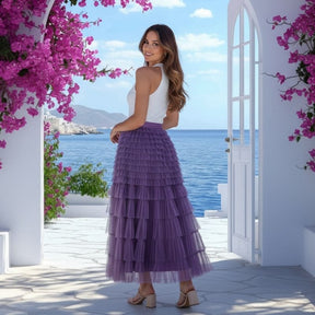 Saia Longa de Tule Lilás com Babados