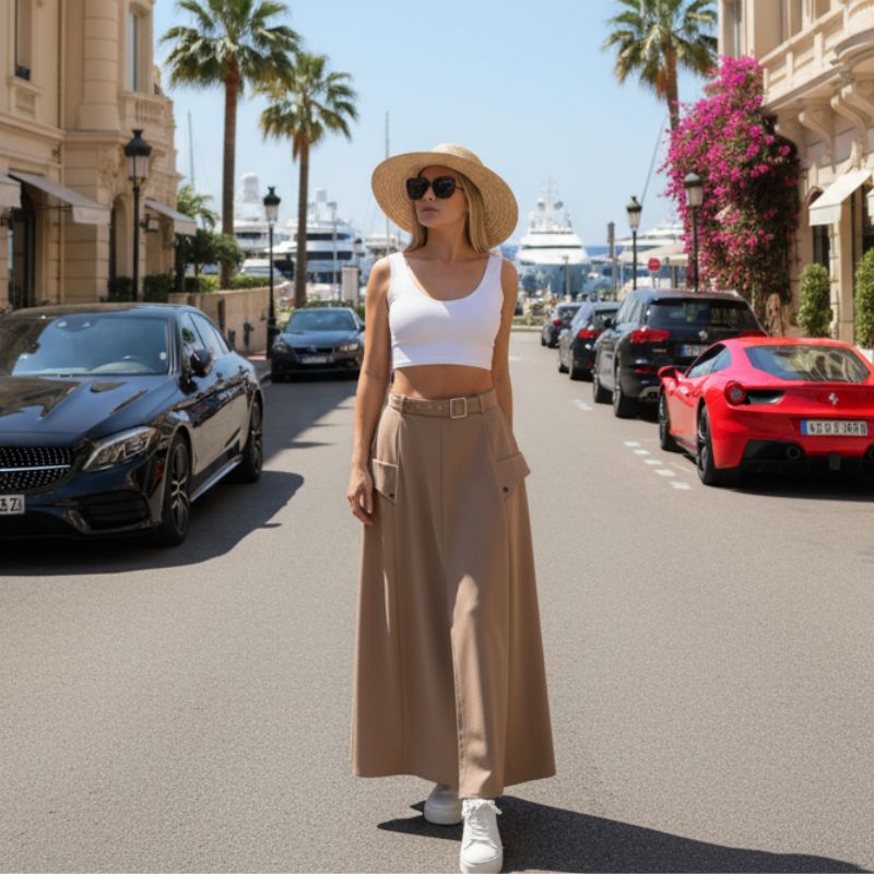 Saia Midi Longa Feminina Bege com Zíper Frontal e Fenda