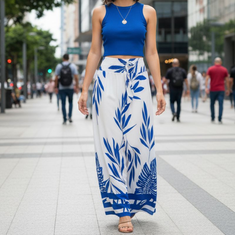 alt="Saia feminina longa estampada azul com folhagem moda casual elegante"