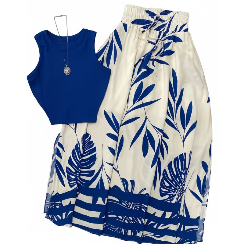 alt="Saia feminina longa estampada azul com folhagem verão leve e estilosa"