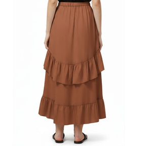 Saia feminina midi evasê marrom com babados Terra Charm