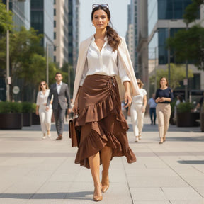 Saia feminina midi evasê marrom com babados Terra Charm