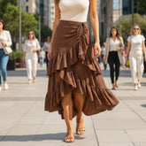 Saia feminina midi evasê marrom com babados Terra Charm