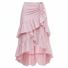 Saia feminina midi evasê rosa com babados