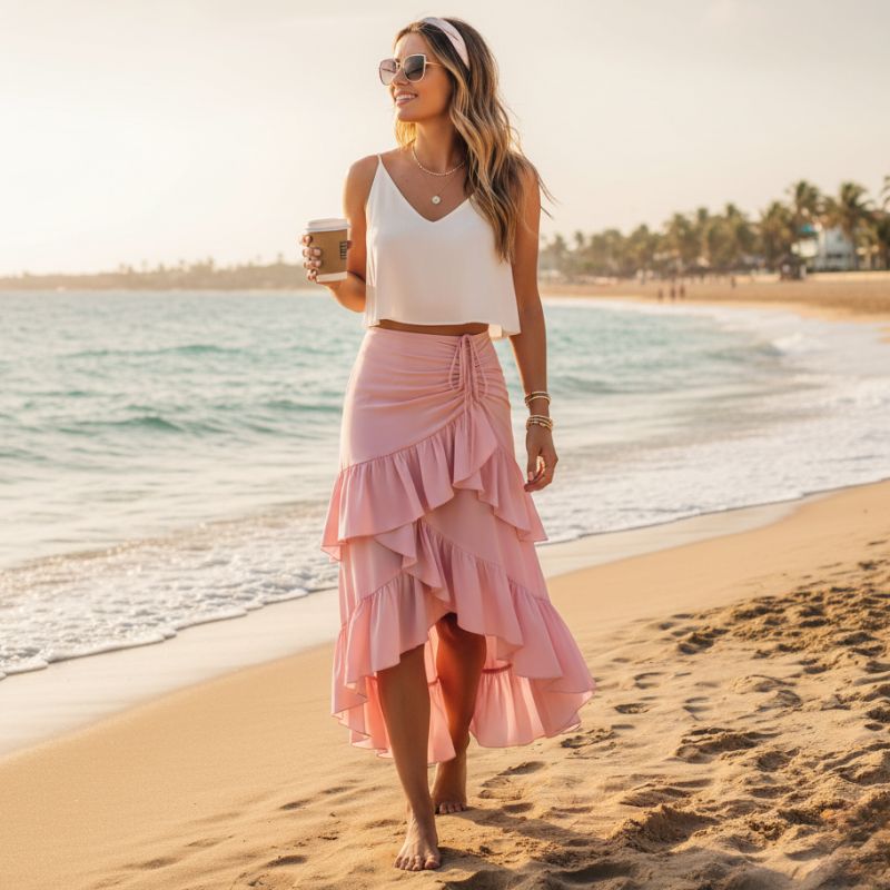 Saia feminina midi evasê rosa com babados