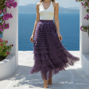 Saia Longa de Tule Lilás com Babados