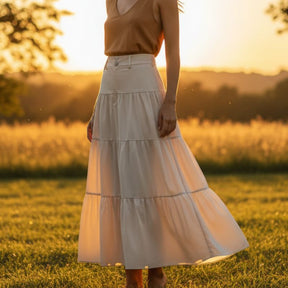 Saia evasê feminina midi bege cintura alta