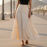 Saia evasê feminina midi bege cintura alta