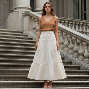 Saia evasê feminina midi bege cintura alta