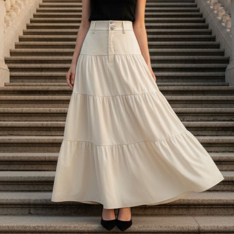 Saia evasê feminina midi bege cintura alta