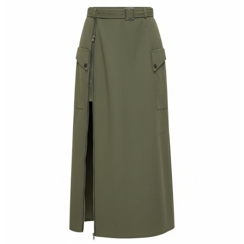 alt="Saia longa feminina verde militar com fenda frontal e cinto ajustável"