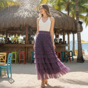 Saia Longa de Tule Lilás com Babados
