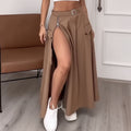 alt="Saia feminina bege longa moderna com bolsos utilitários"
