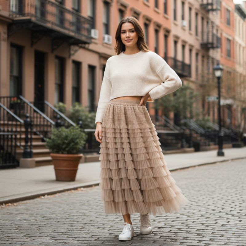 Saia plissada feminina em tule bege com babados Aurora Charm