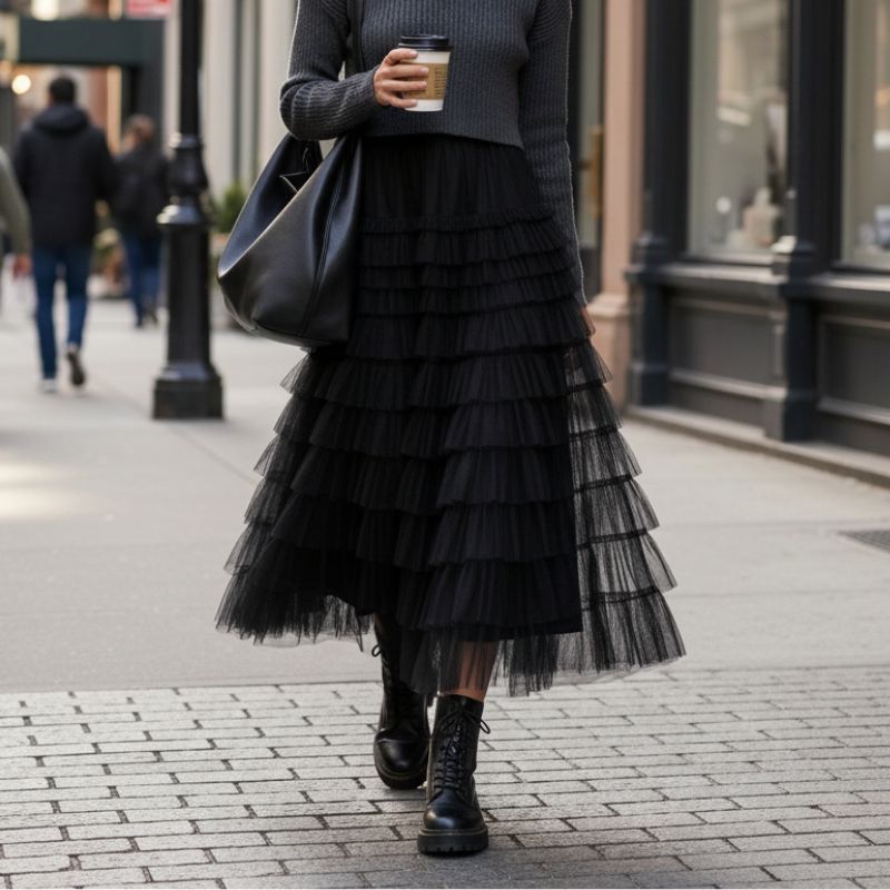 Saia plissada feminina midi em tule preto com babados