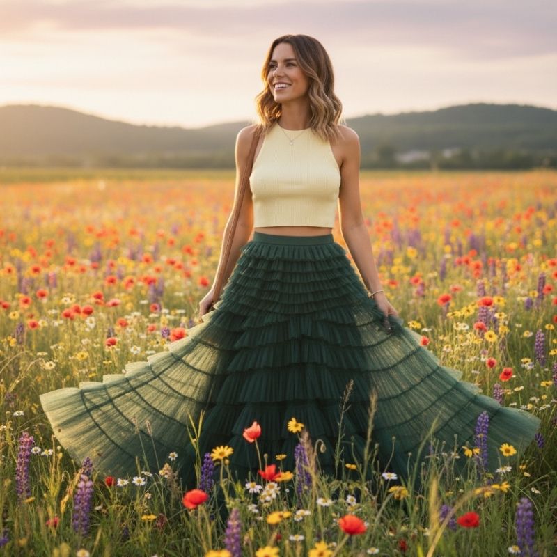 Saia Tule Longa com Babados Verde – Elegância Atemporal para Looks Sofisticados