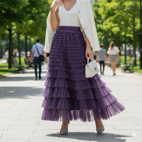 Saia Longa de Tule Lilás com Babados