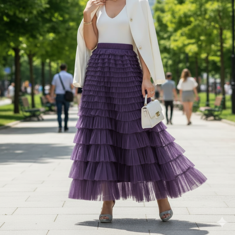 Saia Longa de Tule Lilás com Babados