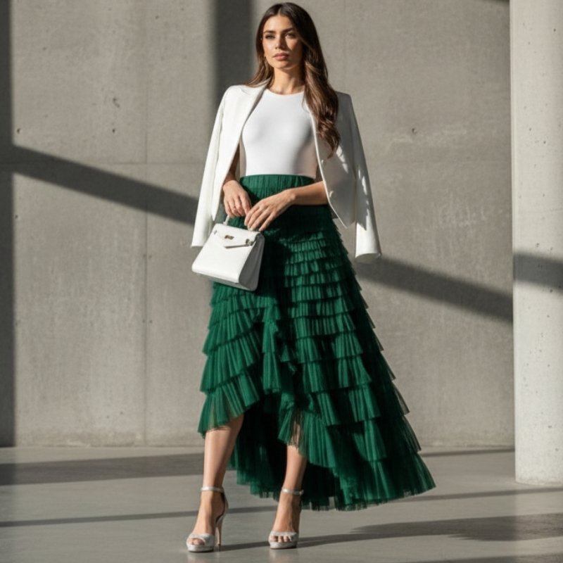 Saia Tule Longa com Babados Verde – Elegância Atemporal para Looks Sofisticados