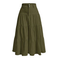 alt="Saia midi feminina verde evasê com babados elegante para diversas ocasiões"