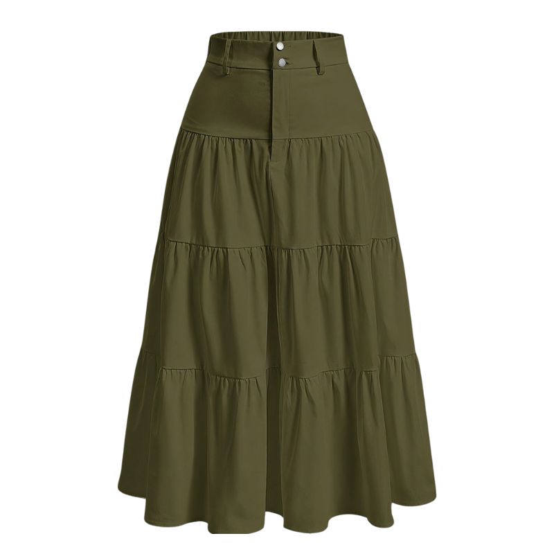 alt="Saia midi feminina verde evasê com babados elegante para diversas ocasiões"