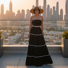 Conjunto Feminino Longo Tomara que Caia Preto com Detalhes Brancos